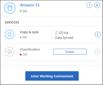 A screenshot that shows the actions pane after you select an Amazon S3 working environment. The pane shows information about S3: the number of buckets and the available services.
