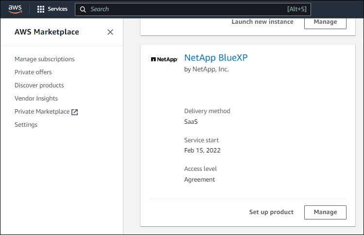 A screenshot of the AWS Marketplace showing a NetApp BlueXP subscription.