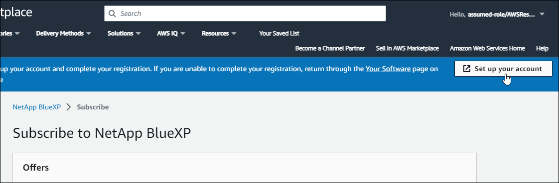 A screenshot of the AWS Marketplace showing a NetApp BlueXP subscription and the Set up your account option that appears in the top right of the page.