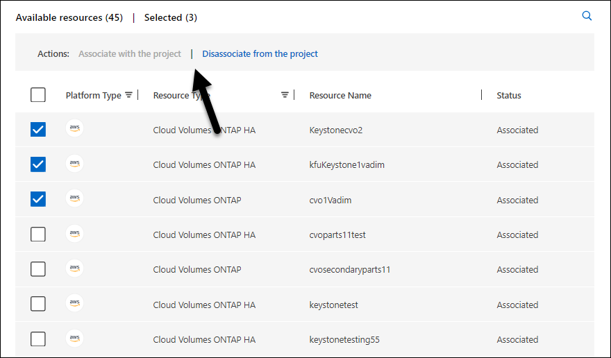 A screenshot of the Edit project page that shows the Associate resources option that is available after you select resources that aren't currently associated.