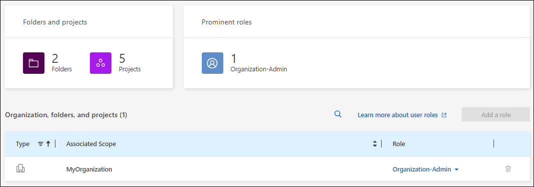 A screenshot of the details page for a member who has Organization admin permissions.