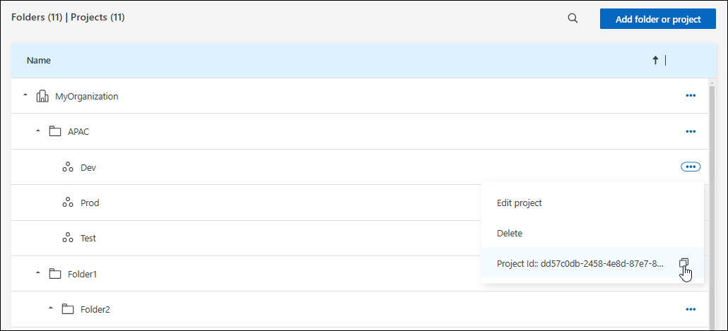 A screenshot of the folders and projects table that shows the project ID fater selecting the action menu for a project.