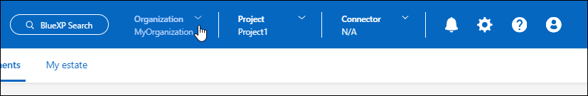A screenshot of the BlueXP top banner where you can select the Organization drop-down and then select another organization.