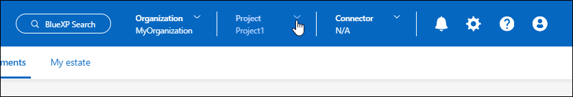 A screenshot of the BlueXP top banner where you can select the Scope drop-down and then select another project.