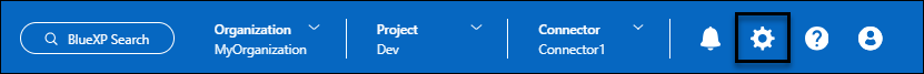 A screenshot that shows the Settings icon in the upper right of the BlueXP console.