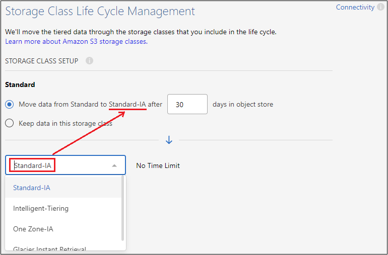 A screenshot showing how to select another storage class that is assigned to your data after a certain number of days.