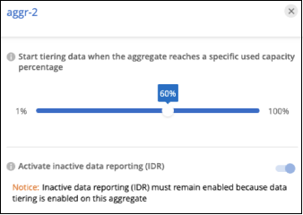 A screenshot that shows a slider to modify the tiering fullness threshold and a button to enable or disable inactive data reporting.