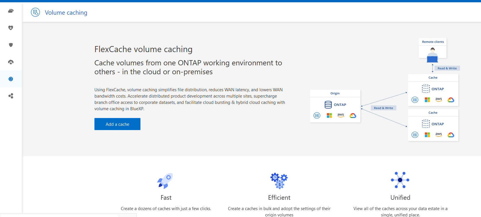 the landing page for volume caching