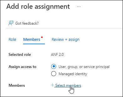A screenshot of the Azure portal that shows the Members tab when adding a role to an application.