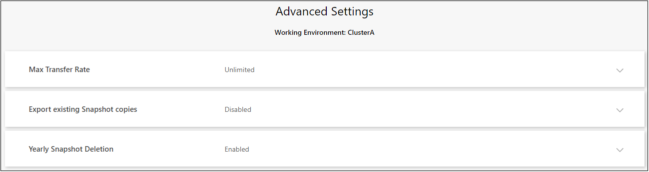 A screenshot that shows the Backup Advanced Settings values for a specific working environment.