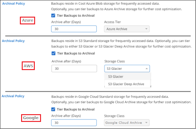 A screenshot that shows the tiering to archival storage settings for Cloud Backup.