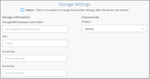 A screenshot that shows the cloud provider details when backing up volumes from an on-premises cluster to StorageGRID storage.