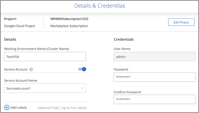 Screenshot that shows how to enable a Service Account in the working environment wizard.