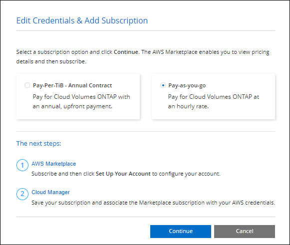 A screenshot of the PAYGO subscription option when creating a Cloud Volumes ONTAP working environment.