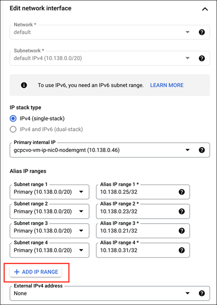A screenshot of the Google Cloud console where you can edit the network interface for Cloud Volumes ONTAP by adding an IP range.