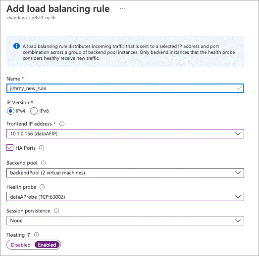A screenshot of adding a load balancing rule in the Azure portal with the fields shown above.