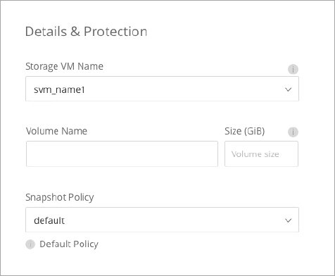 A screenshot that shows the ability to select the storage VM in which you want to create a volume.