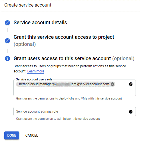 A screenshot of the Google Cloud console where you grant users access to a service account during creation.