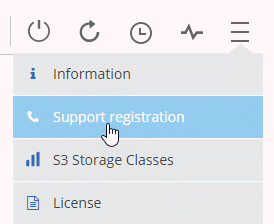 Screen shot: Shows the Support registration option selected in the menu icon for a Cloud Volumes ONTAP system.