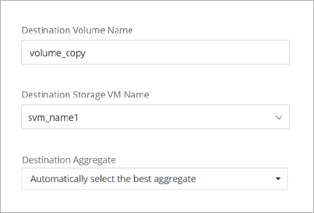 A screenshot that shows the ability to select the storage VM in which you want to replicate a volume.