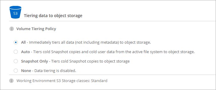 Screenshot that shows the icon to enable tiering to object storage.