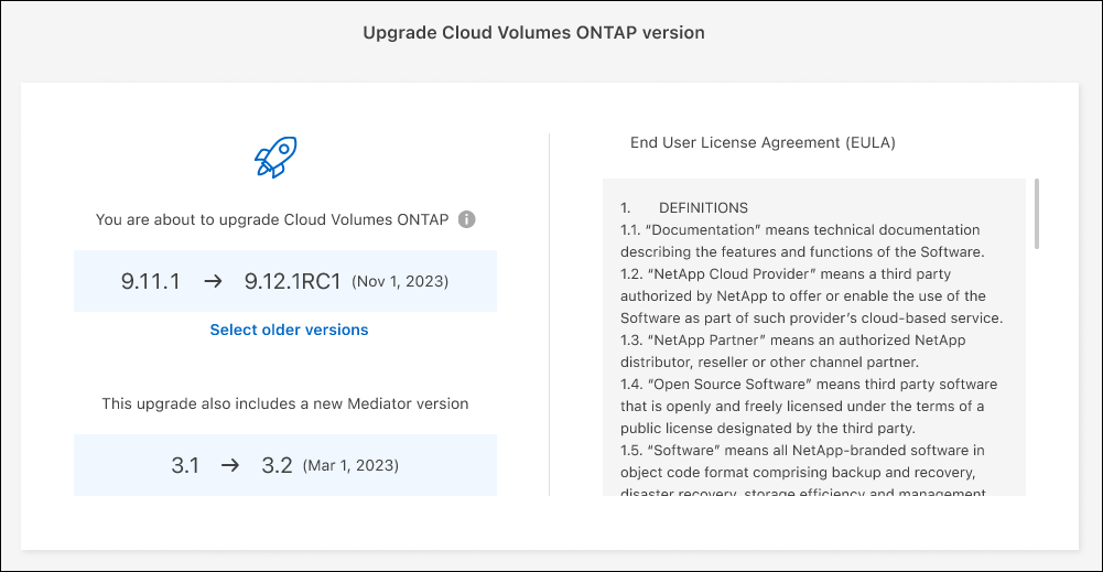 A screenshot of the Upgrade Cloud Volumes ONTAP version page.