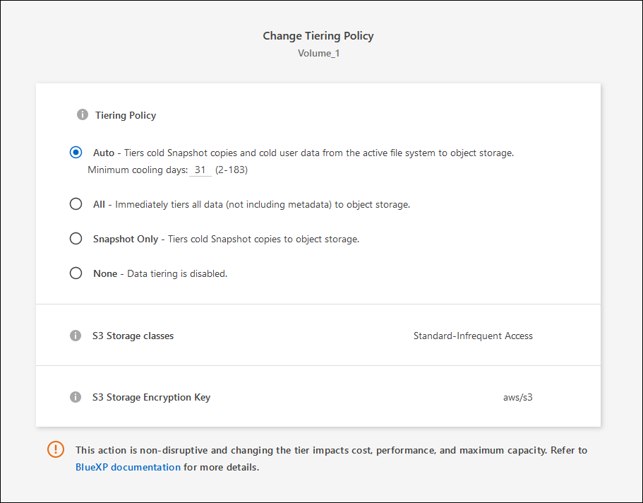 Screenshot that shows the options available to change tiering policy for a volume.