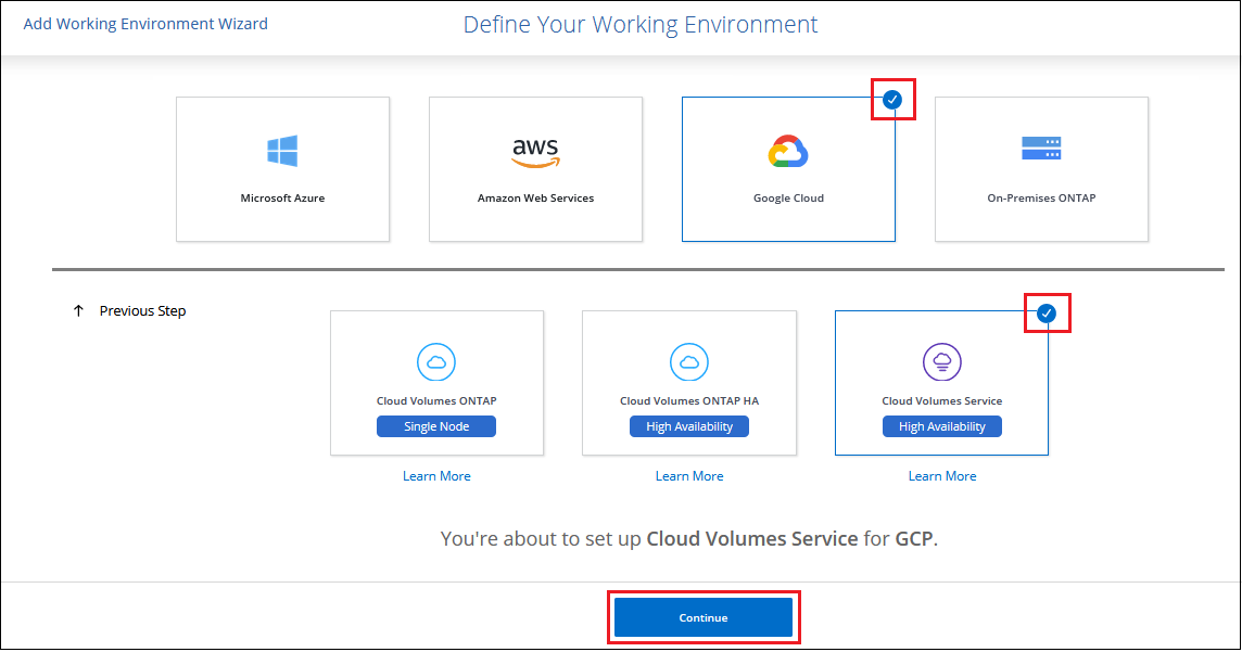 A screenshot of adding a working environment for a Cloud Volumes Service for GCP subscription.