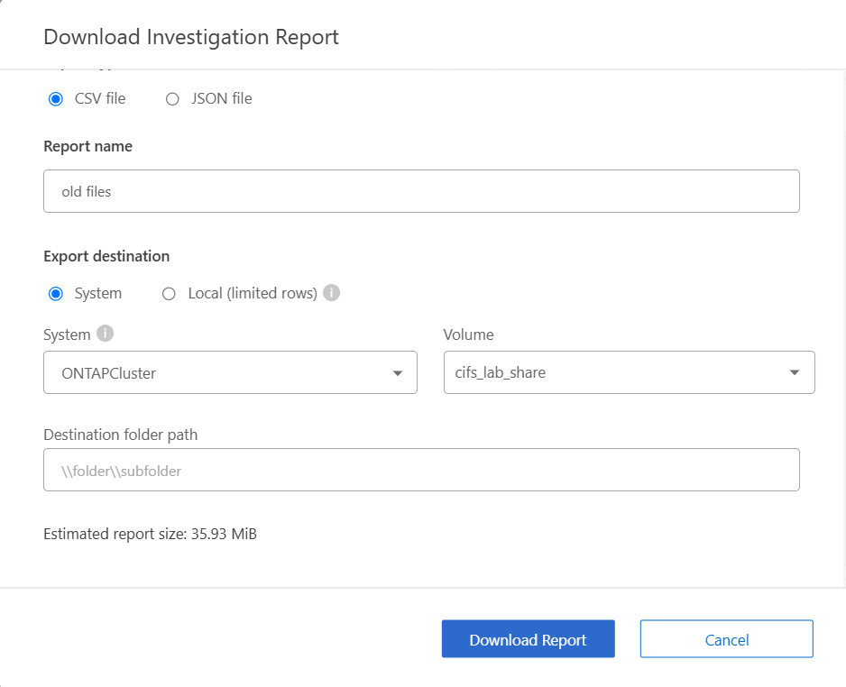 Screenshot of the download report options