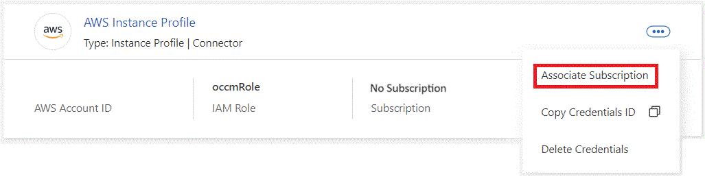 A screenshot of the menu in the Credentials page. It shows a button to associate a subscription to the credentials.
