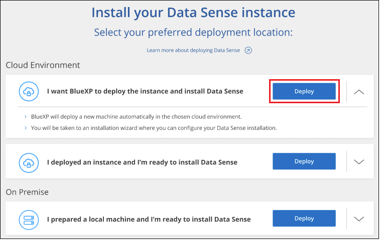 A screenshot of selecting the button to deploy Cloud Data Sense in the cloud.