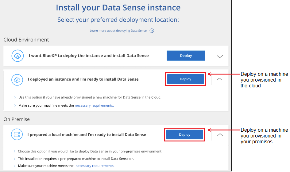 A screenshot of selecting the button to deploy Cloud Data Sense on premises.