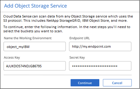 A screenshot of the dialog where you enter the values to access the object storage service.
