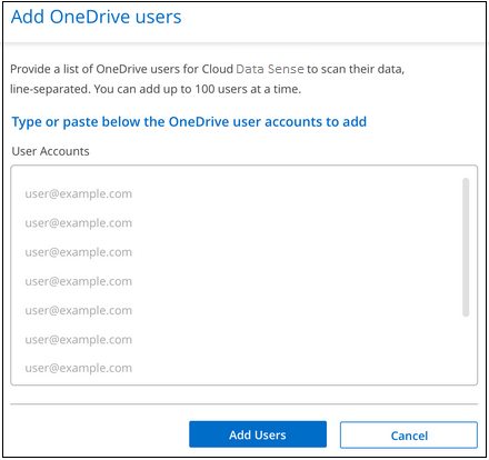 A screenshot of the Add OneDrive users page where you can add users to be scanned.