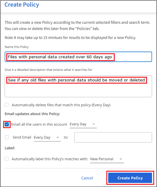 A screenshot that shows how to configure the Policy and save it.