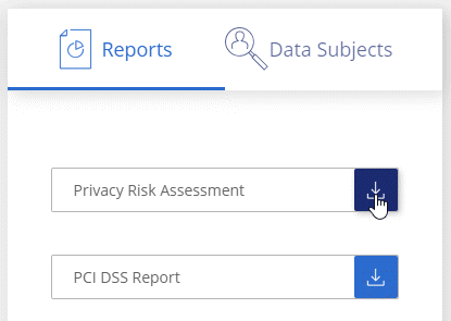 A screen shot of the Compliance tab in BlueXP that shows the Reports pane where you can click Privacy Risk Assessment.