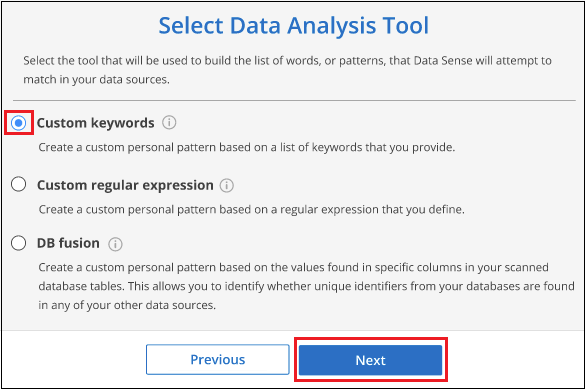 A screenshot showing the selection of Custom keywords as the tool that BlueXP classification will use to build the pattern.