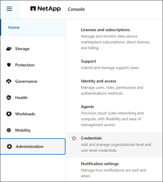 A screenshot of the Administration menu and the Credentials option highlighted in the NetApp Console administration menu.