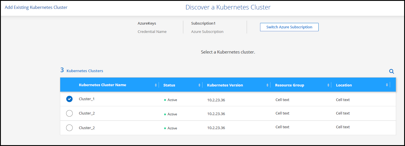 A screenshot of the Discover a Kubernetes Cluster page showing a selected  Kubernetes cluster.