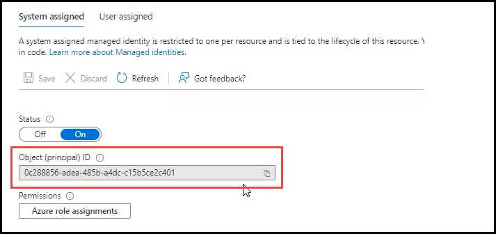 A screenshot of the system-assigned object ID window on the Azure management portal.