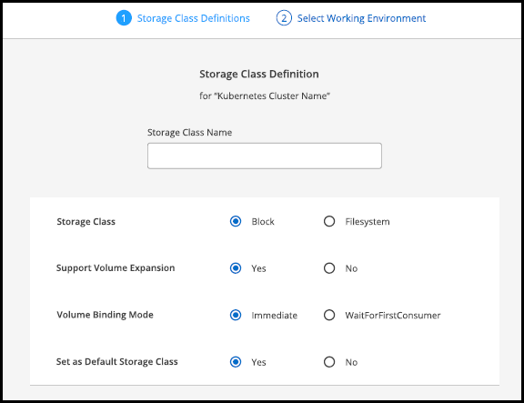 A screenshot showing definition options for K8s storage class.