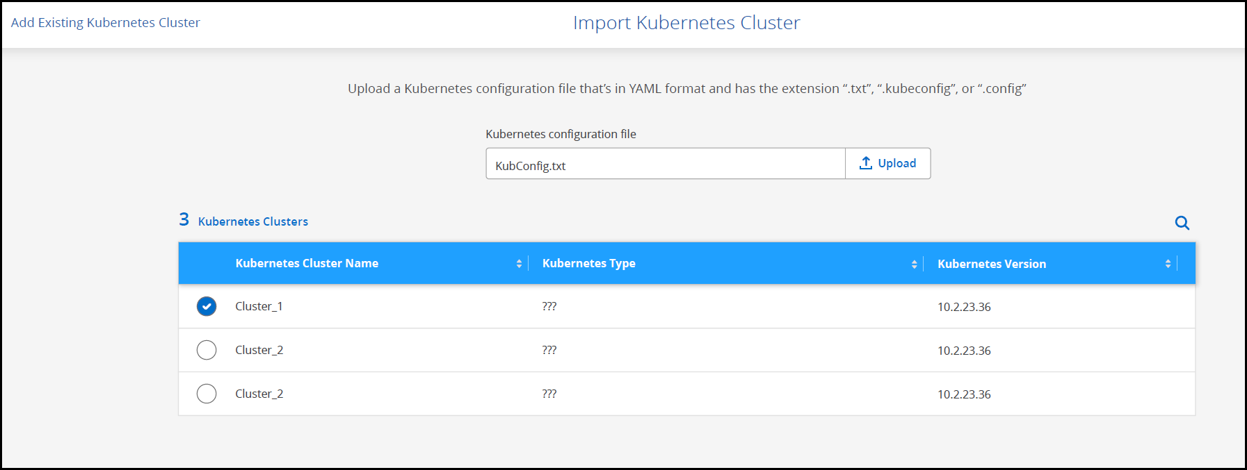 A screenshot of the import Kubernetes cluster page with configuration file and available clusters table.