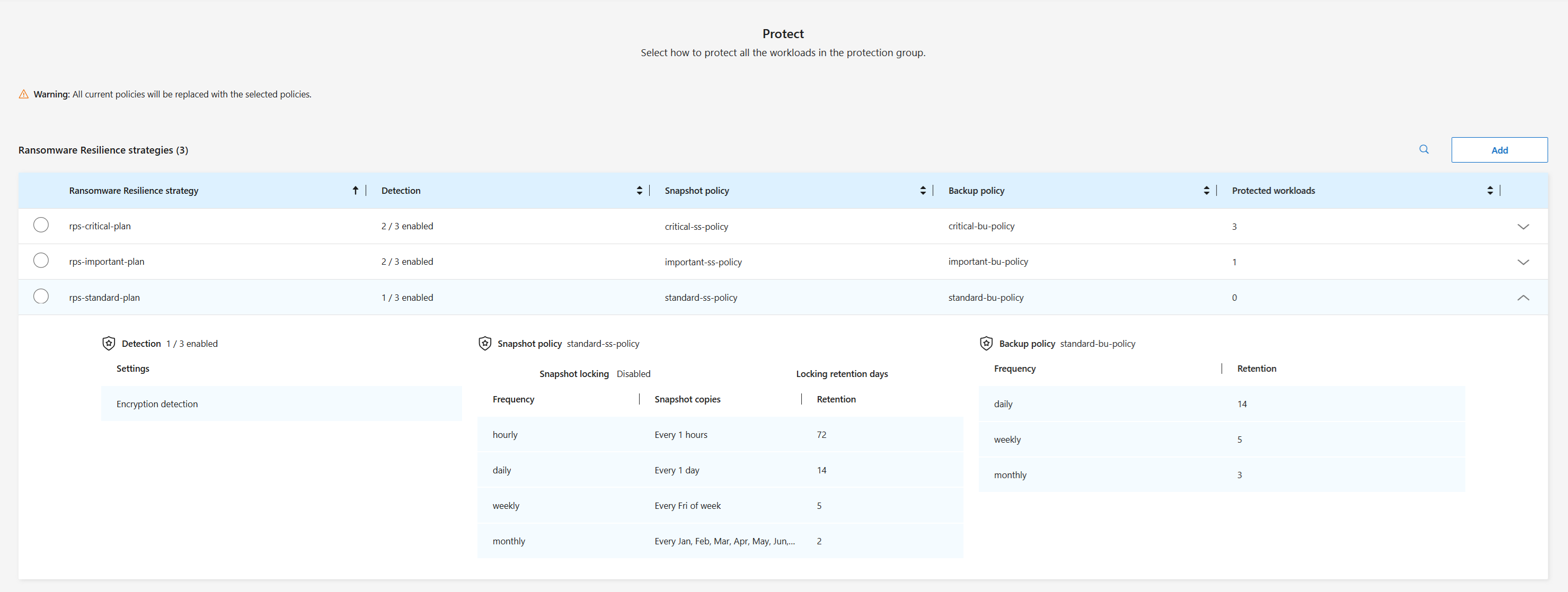 Add protection group - Policy page