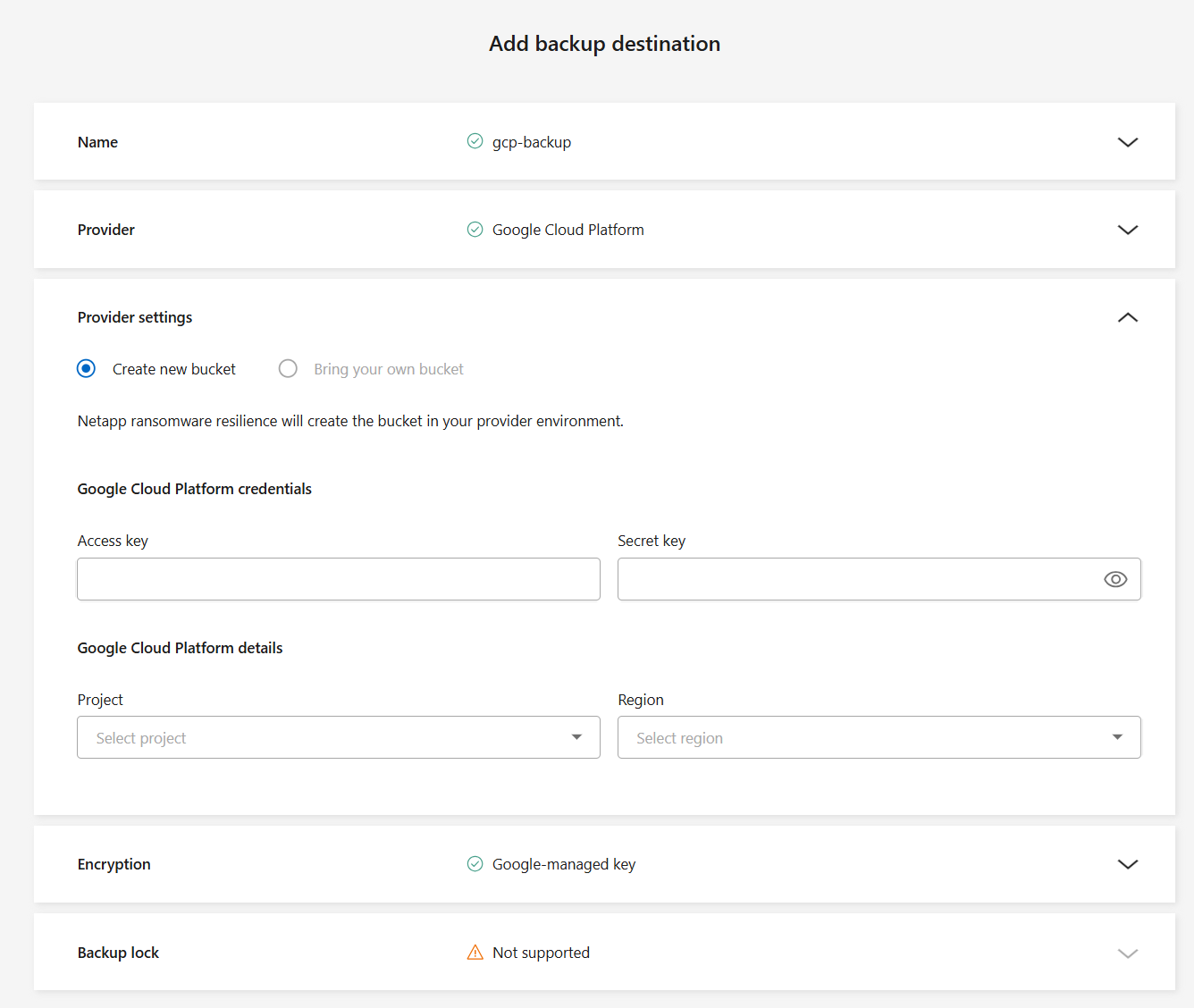 Backup destinations page