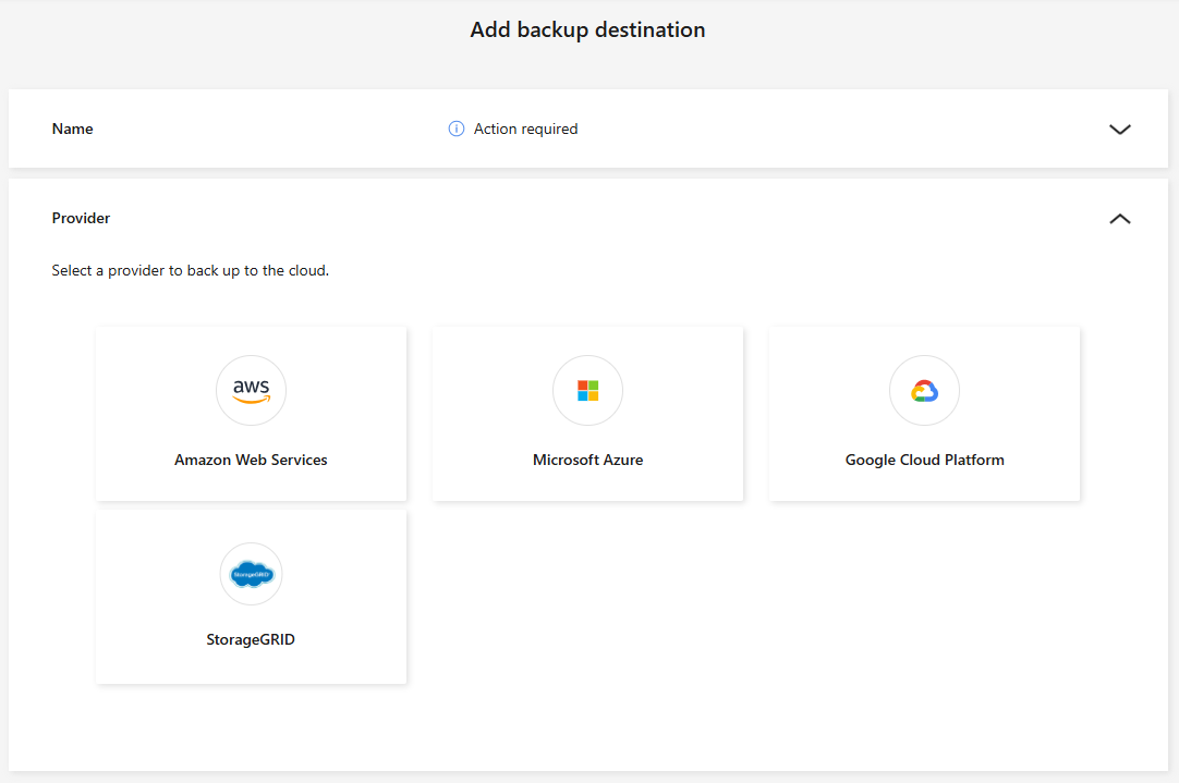 Backup destinations page