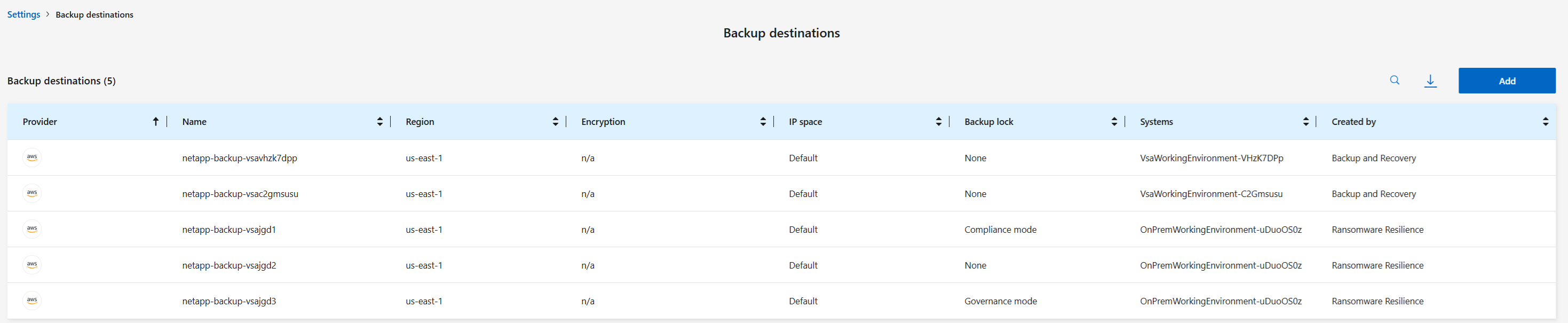 Backup destinations page the Settings option