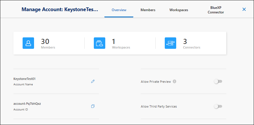 A screenshot that shows the Manage Account widget from which you can manage users, workspaces, and Connectors.
