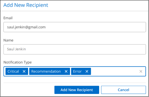 A screenshot showing how to add new email recipients for alerts and notifications.