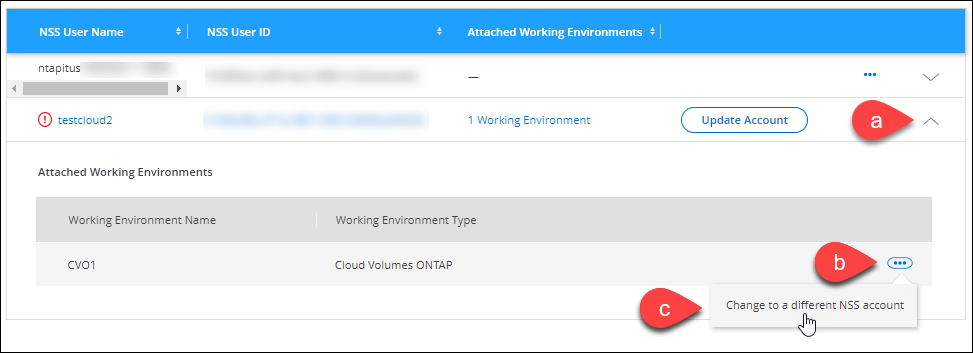 A screenshot that shows the action menu for a working environment that is associated with a NetApp Support Site account.