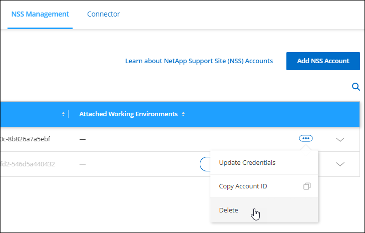 A screenshot that shows the action menu for a NetApp Support Site account which includes the ability to choose the Delete option.